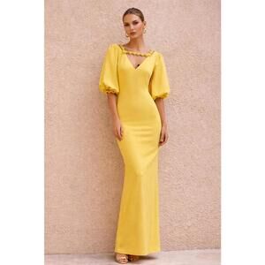 Badgley Mischka Yellow Long Sleeve Puff-Sleeve Gown
